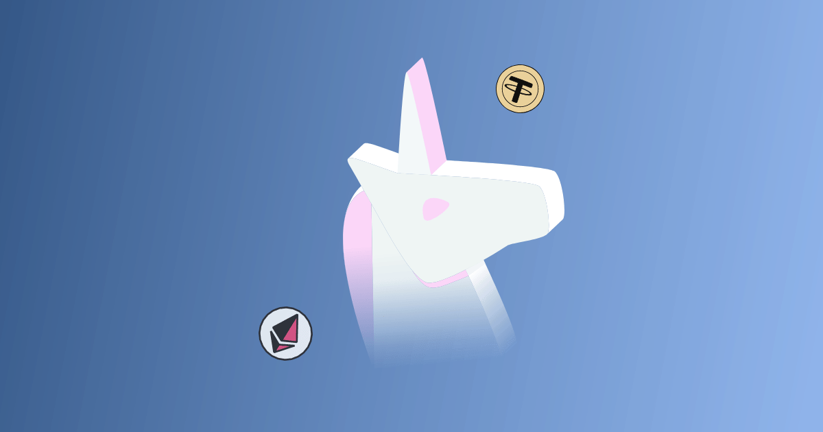 Représentation de la DeFi avec une licorne blanche et rose (faisant penser à celle d'Uniswap) et des tokens gravitant autour d'elle.