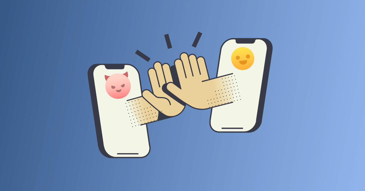 Deux smartphones avec une main émanant de chacun d'eux faisant un high five. Sur un smartphone, il y a un emoji malveillant et sur l'autre, un emoji content.