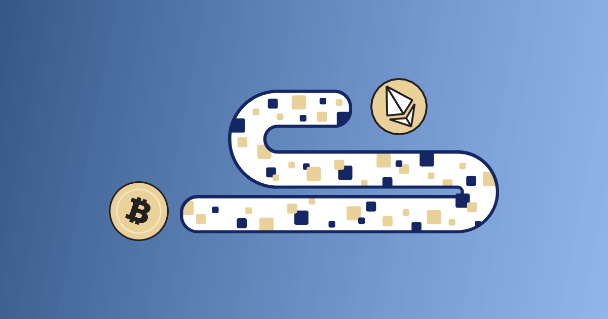 Un tube avec d'un côté un bitcoin et de l'autre un ETH.