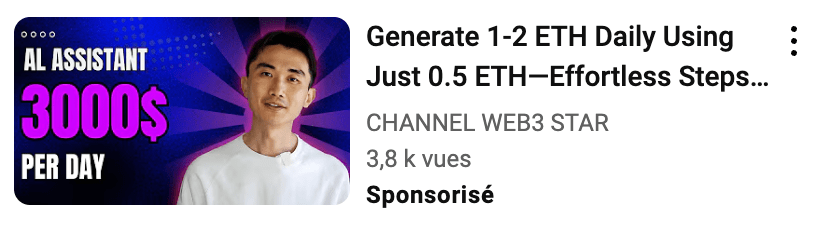 Recommendation Youtube présantant une fausse promesse de rendement