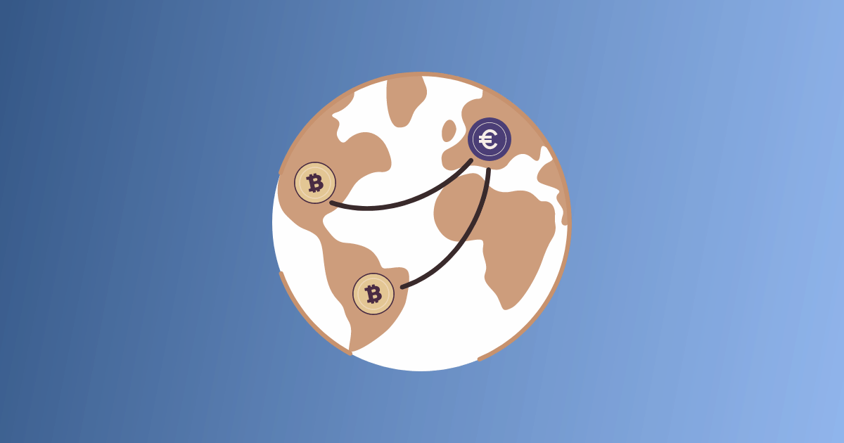 Un globe affichant un Bitcoin sur l'Amérique du nord et du sud ainsi qu'un euro sur la France. Deux lignes partent de chaque Bitcoin en direction de l'euro.