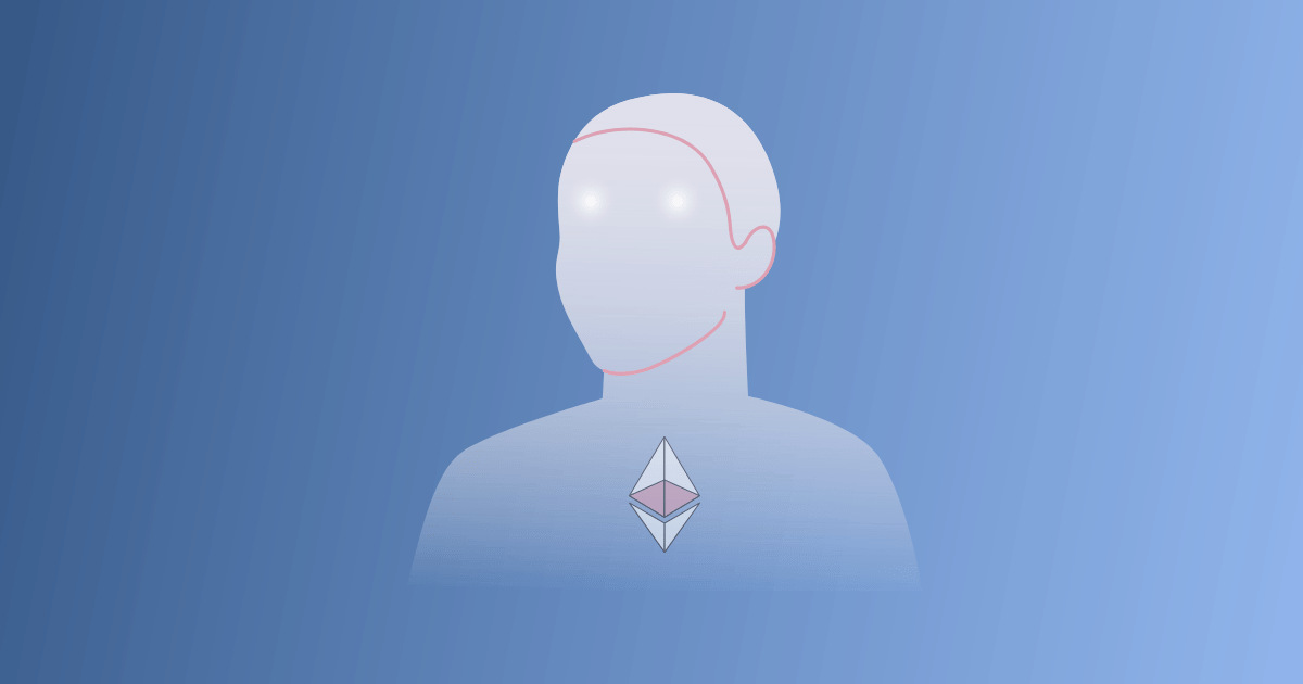 Silouhette transparente avec des yeux d'ether maximaliste et un ETH au centre de son buste.